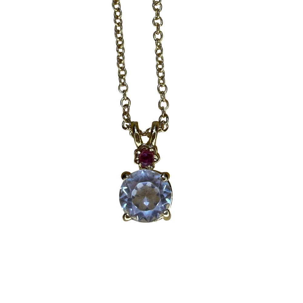 Elegant Dainty Gold Tone Genuine Ruby Clear Stone Necklace Classic Jewelry
